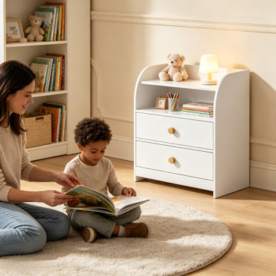 Table de chevet blanche à 2 tiroirs avec compartiment de rangement ouvert, poignées décoratives en bois, table d'appoint multifonctionnelle pour chambre et petits espaces