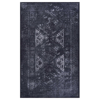 Non-slip 9x12 Area Rug, Washable, Low-pile, Stain For Kitchen, Bedroom, Living Room - Black Gray Foldable, Office, Kitchen Black/gray