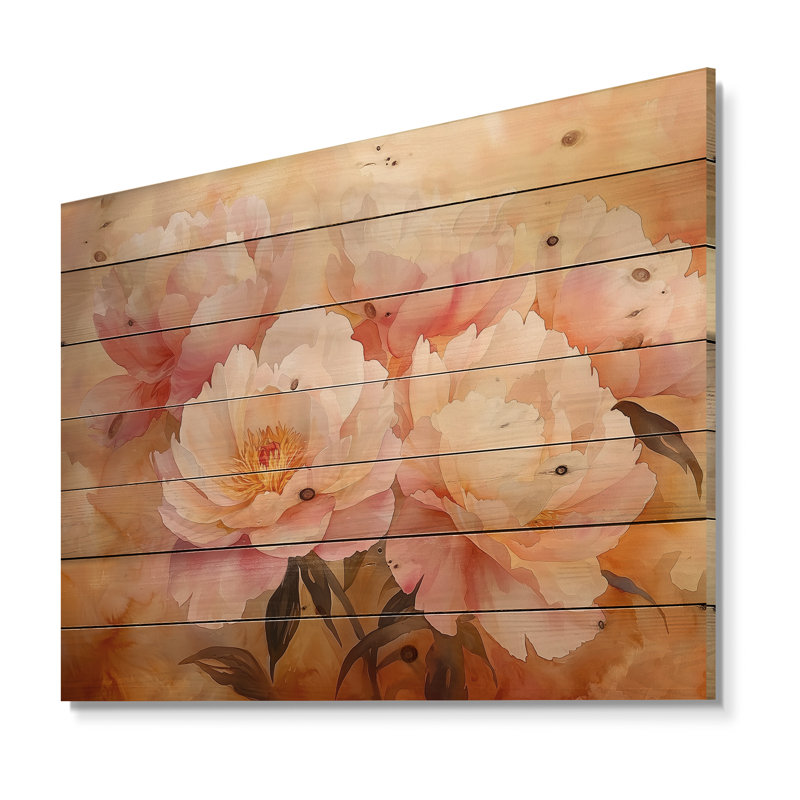 Peonies In The Sunrise Light I - Peonies Wood Wall Decor - On Natural Pine Wood, 30" H x 40" W x 0.78" D