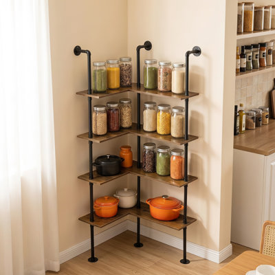 Étagère de coin industrielle en forme de tuyau, étagère murale en forme de L murale à 4 niveaux, bois rustique et étagère de coin en métal noir pour le salon, la plante, la décoration, le rangement en coin