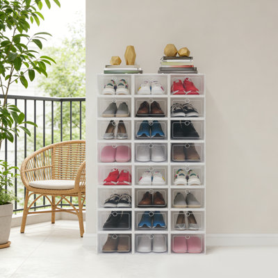 24 Pair PP Stackable Shoe Storage Cabinet White Foldable Dustproof Shoe Boxes