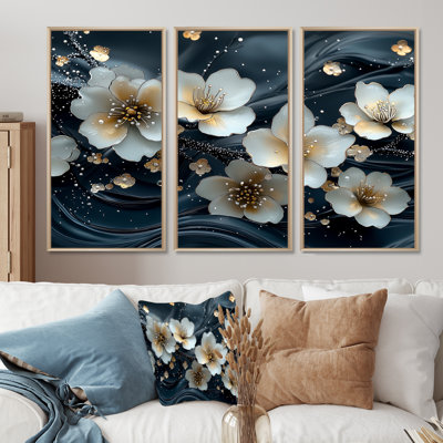 Ensemble de salon art mural blanc et blanc Blooming Marble Flowers River IV - Poppies