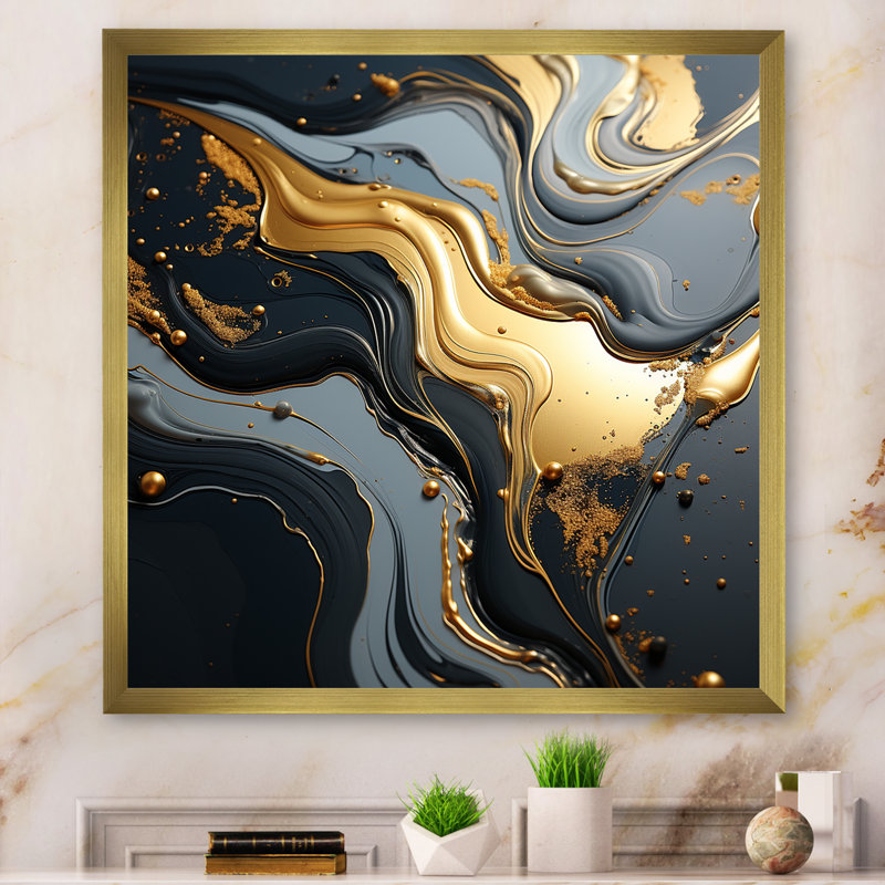 Or et gris Volcano Fusion I - décoration murale en marbre, Cadre doré simple, H 30 po x l 30 po x P 1,5 po