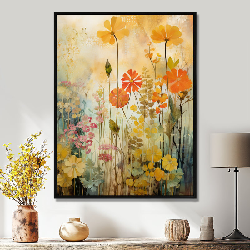 Décoration murale grunge rétro - fleurs sauvages, H 20 po x l 12 po x P 1 po, Toile avec cadre flottant noir