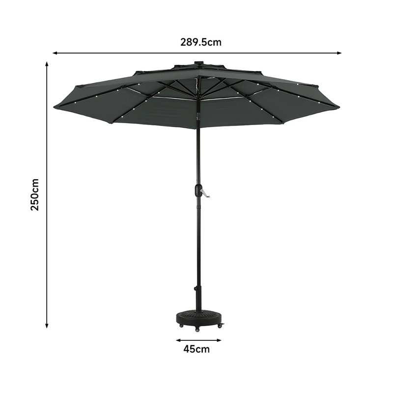 Simonne 289.5cm Lighted Market Parasol with Crank Lift , Counter Weights Included, Dark Grey