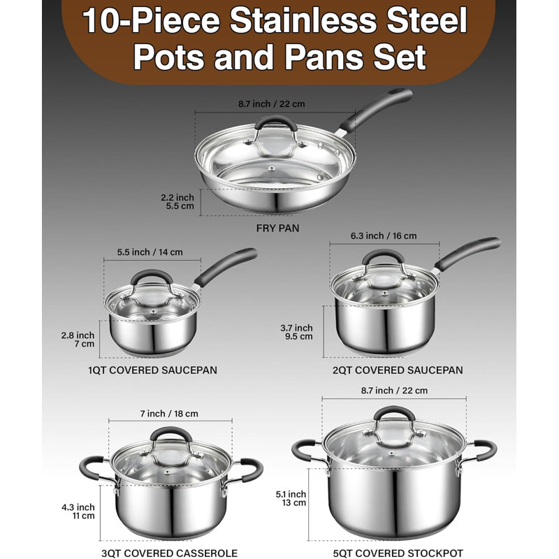 10-Piece Stainless Steel Cookware Set with Glass Lids