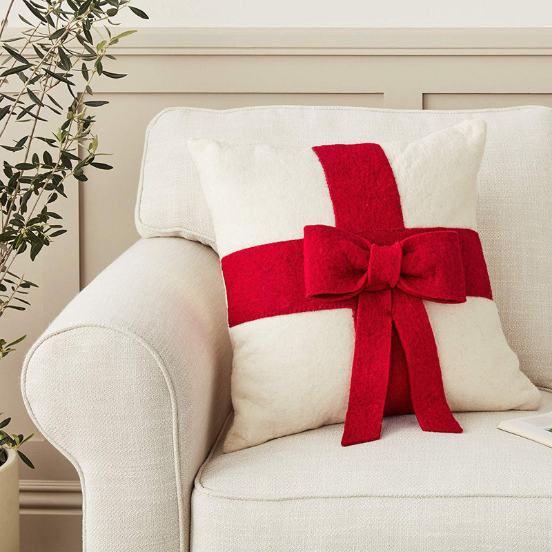 Christmas Pillow Cover in Hand Felted Wool - 20", Cream/Red bow, Pillow (includes insert), 14" x 14"