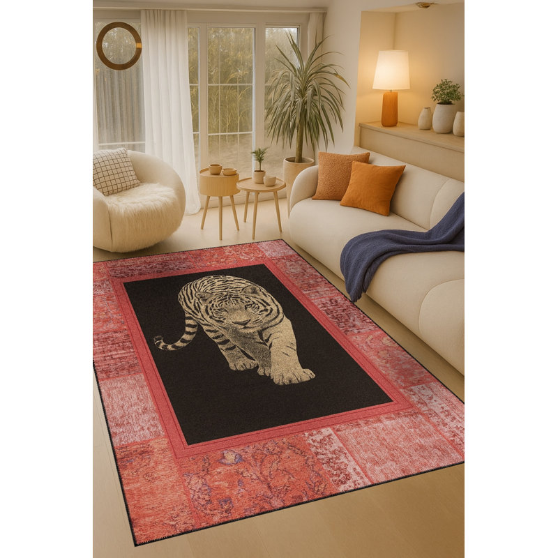 Tapis tissé à imprimé tigre noir Mosso, 4'11" x 7'7"