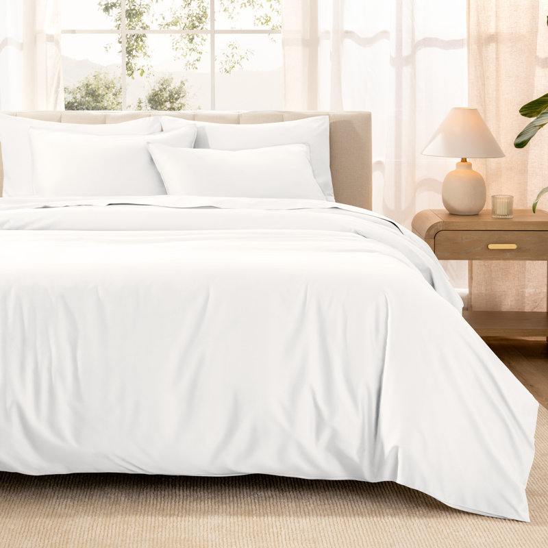 Ensemble de housse de couette en satin de coton 400 fils 400 fils, Blanc, Housse de couette double et 2 taies décoratives s