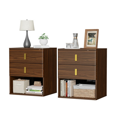  2-Drawer Nightstand with Open Shelf, Wood Bedside Side Table