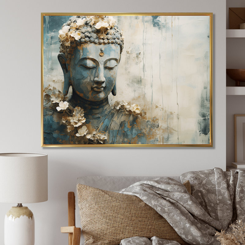 Statue de bouddhisme religieux - art mural bouddhisme, Cadre flottant doré, H 34 po x l 44 po x P 1,5 po