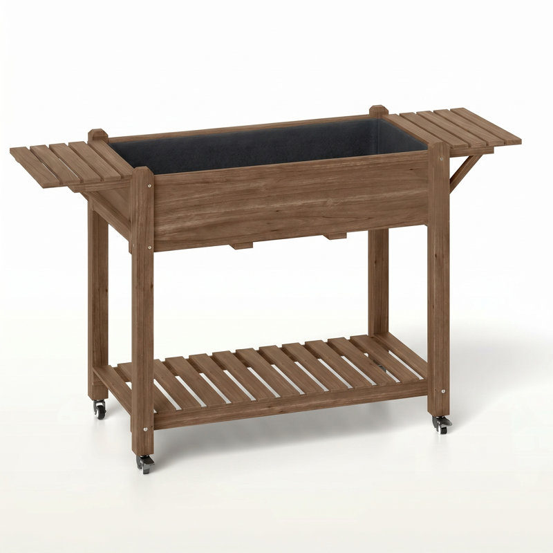 Lit de jardin surélevé en bois surélevé avec roues verrouillables, tables d'appoint pliables, tablette inférieure et trous de bonde