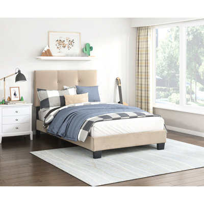 Lit plateforme simple en bois massif avec tête de lit en velours et revêtement brun réglable