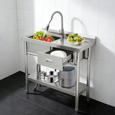 Évier utilitaire en acier inoxydable, double évier autoportant avec robinet, pieds, tuyau d'eau froide et chaude pour la lessive, cuisine