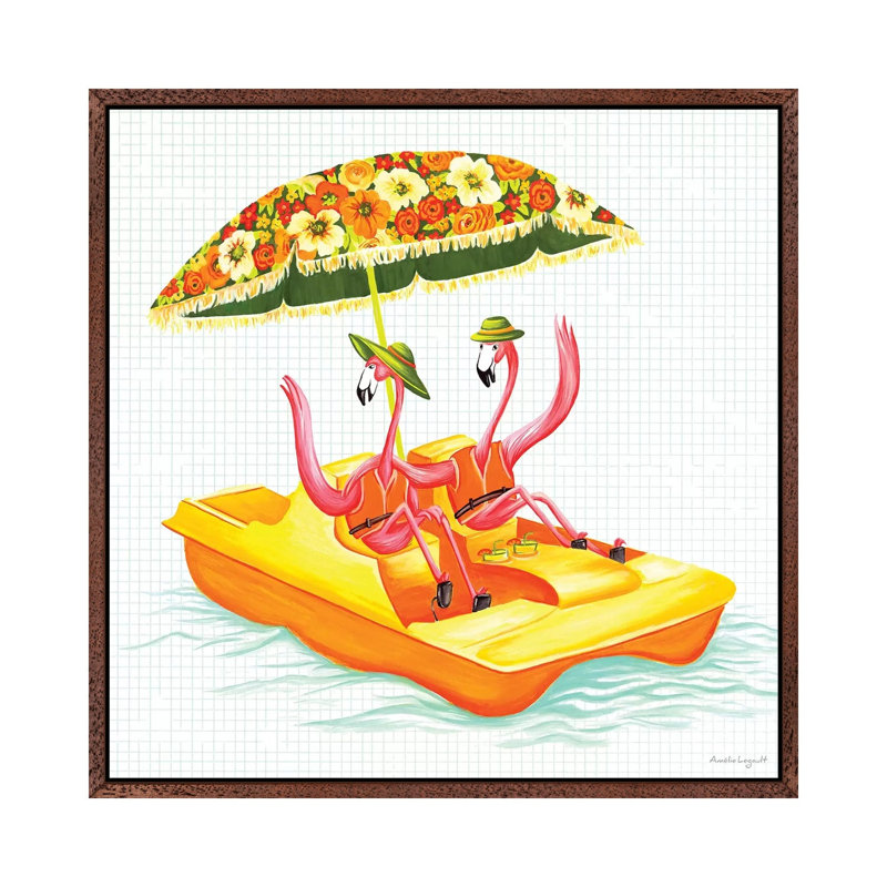 Flamingos Pedal Boat 1 Piece Painting on Canvas, 93.98cm H x 93.98cm W x 3.81cm D, Classic Brown Wood Floater Framed