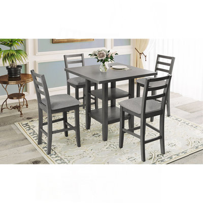 5-Piece Wooden Counter Height Dining Set With Padded Chairs And Storage Shelving (Gray) by Lark Manor