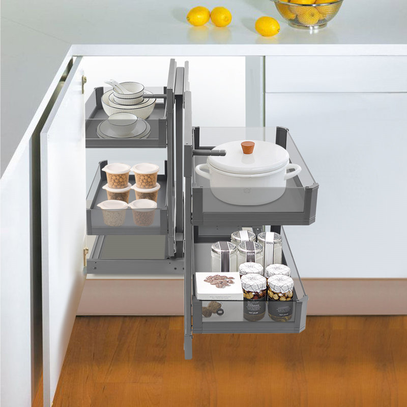 VELPAX Organiseur coulissant d'angle aveugle pour armoire de 800 mm, compatible avec ouverture à gauche et à droite, acier inoxydable Étagère d'angle panier coulissant à 2 niveaux, montage par le bas