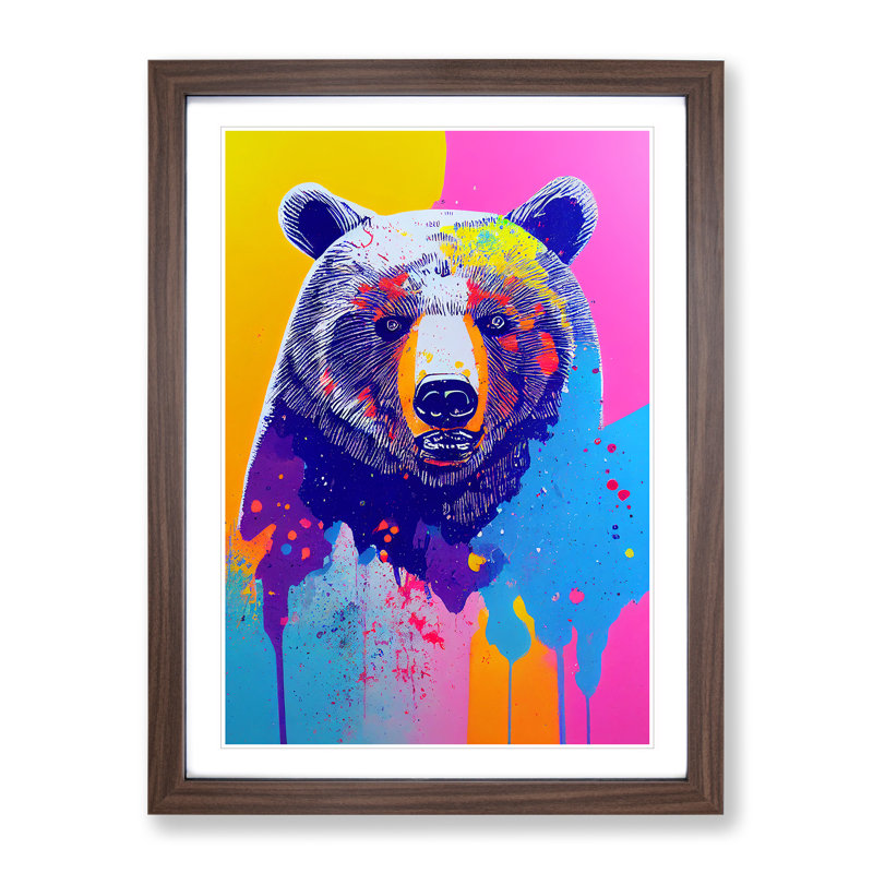 Colourful Bear No.1 - Wall Art, 66cm H x 48cm W x 2cm D, Walnut Framed, White