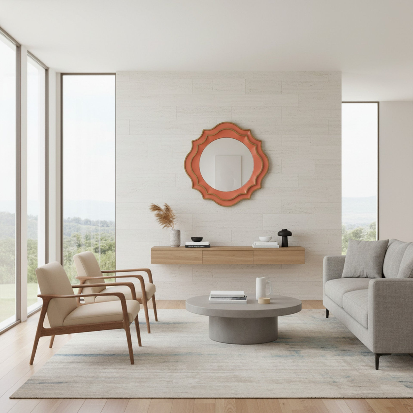 38" Round Scalloped Accent Mirror, Orange