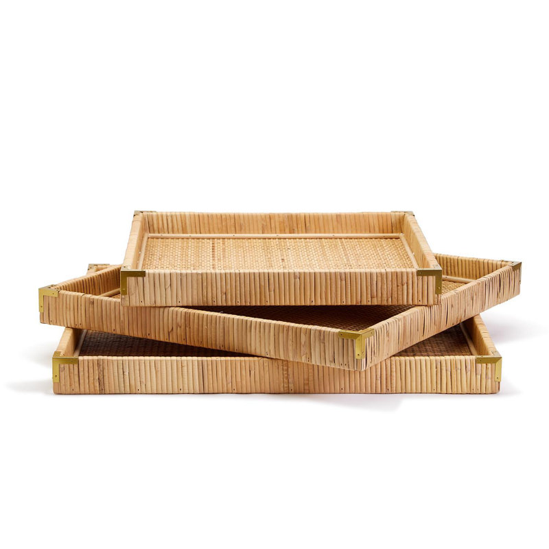 Set Of 3 Rattan Square Tray, Square, Rattan, 22" H x 22" W x 1.75" D