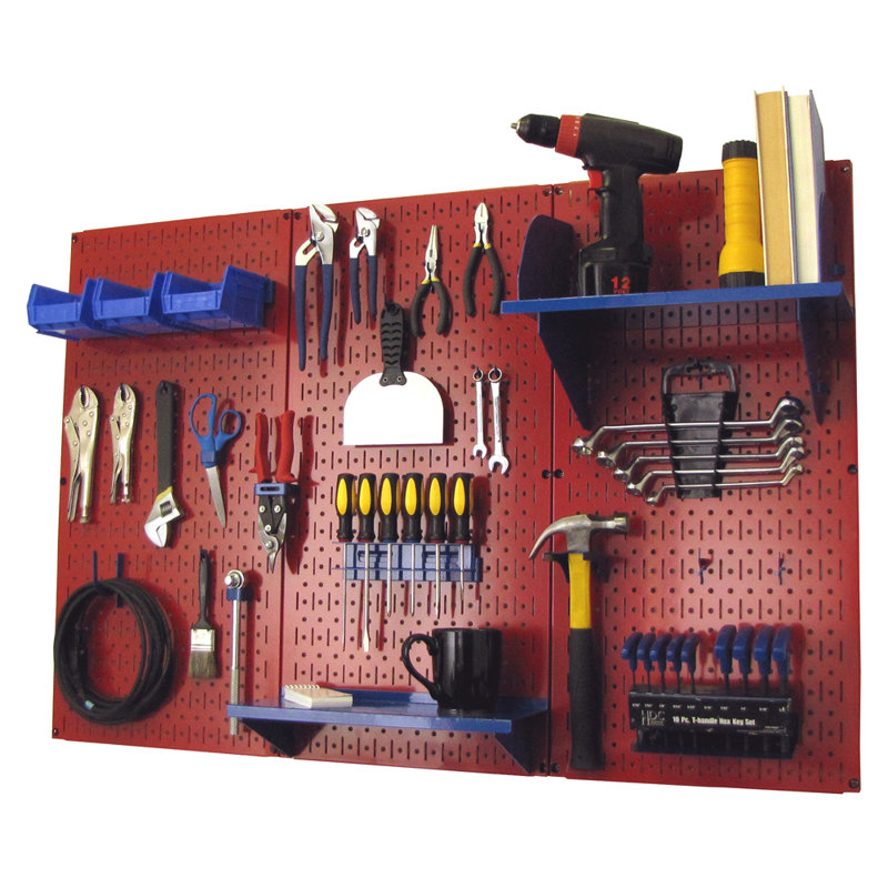 Ensemble de panneau perforé de rangement pour outils standard H 32 po x 48 po, Rouge et bleu