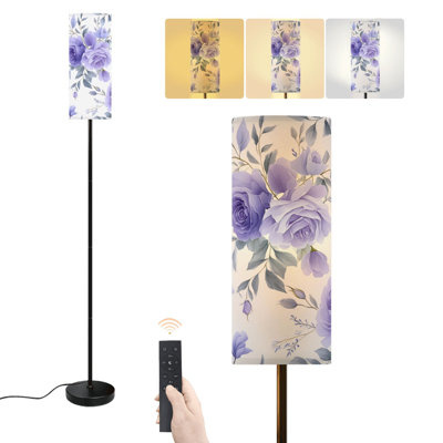 Floor Lamp leaves roses purple floral eucalyptus flowers botanical pastel Dimmable Modern Standing Lamp with Remote Control Footswitch Bulb Lampshade Tall Pole Corner Lamp for Living Room Bedroom Office