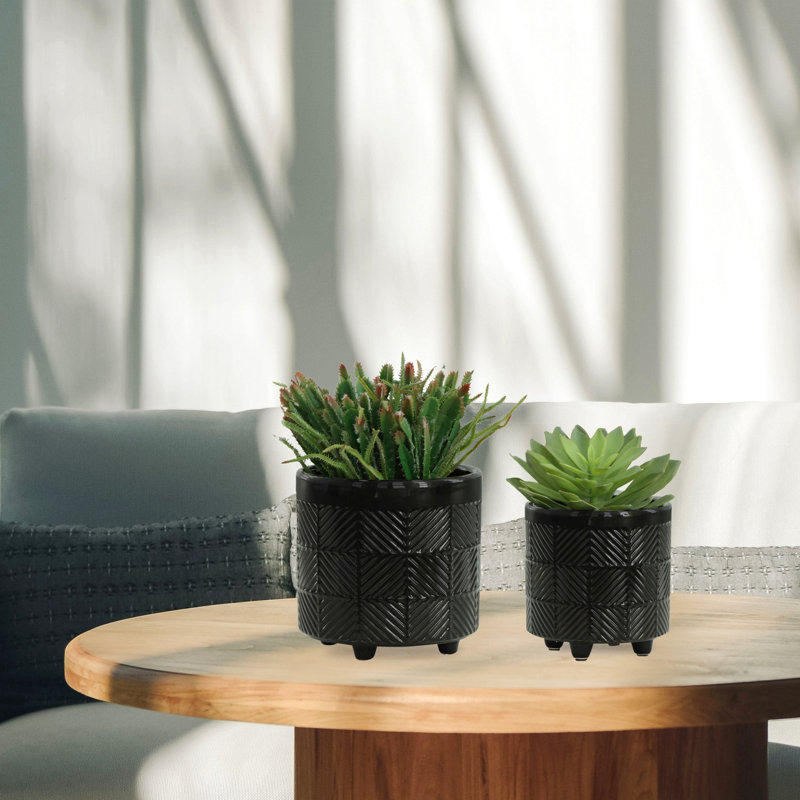 S/2 6/8" Textured Planters Flower Pot, Black