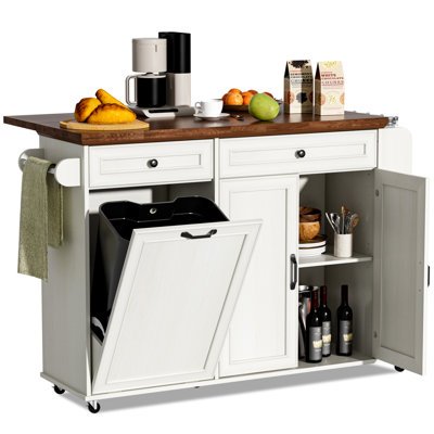 Kitchen Island With Trash Can Storage & Drop Leaf, Rolling Kitchen Cart With Drawers, 3-tier Spice Rack And Towel Rack, Island Table On Wheels For Kit by Hokku Designs