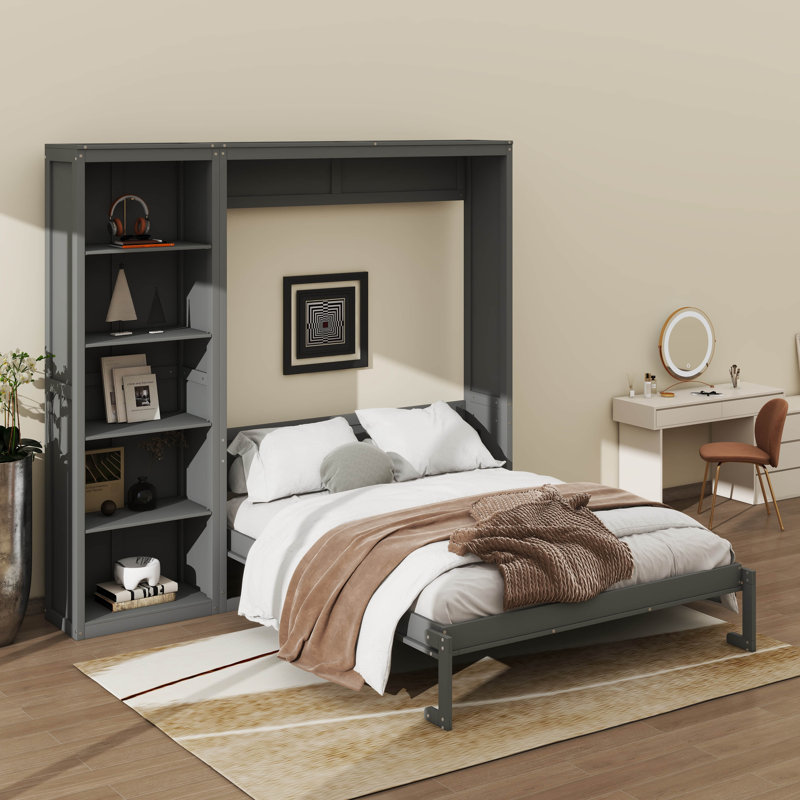 Lit escamotable mural polyvalent avec tablettes intégrées, Gris, Lit double
