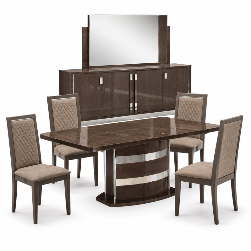 Extendable Solid Wood Dining Set, 7 Pieces: Table, 4 Chairs, Sideboard, Mirror
