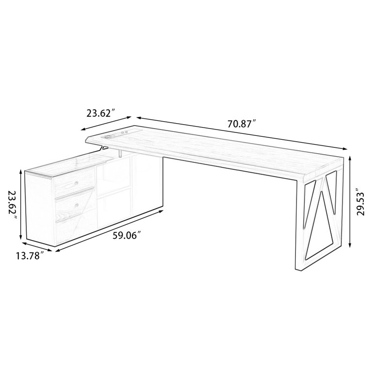 Bureau à 3 tiroirs brun noyer + bois massif rectangulaire noir + fer avec 3 tiroirs, H 29,53 po x l 70,87 po x P 23,62 po