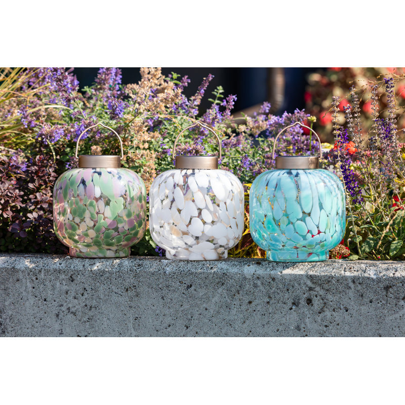 Solar Cabin Lantern 7.25" Handblown Glass - Summer Garden, Pink/Green