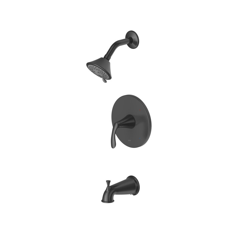 Stilleto Collection Shower System: 3-Function 4" Round Shower Head, Single Handle Set, Tub Spout, & Rough-in Valve Included - Matte Black