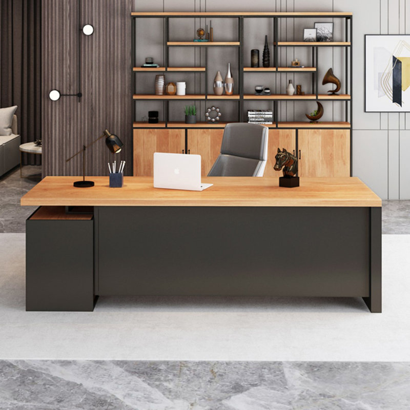 Bureau brun et noir rectangulaire en bois massif + fer avec 3 tiroirs, H 29,53 po x l 86,61 po x P 62,99 po