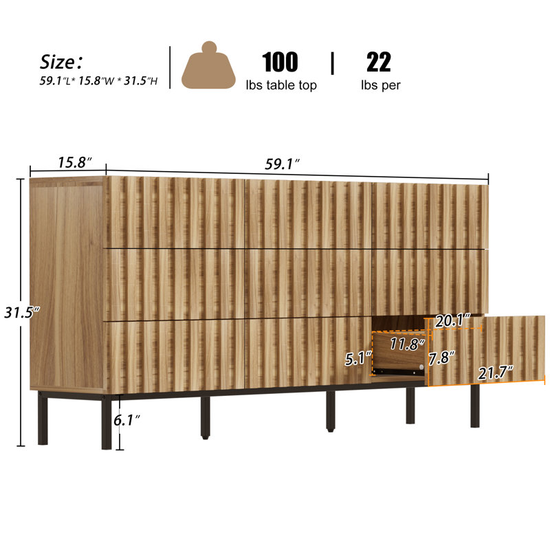 Commode double 9 tiroirs l 59,1 po, Nature