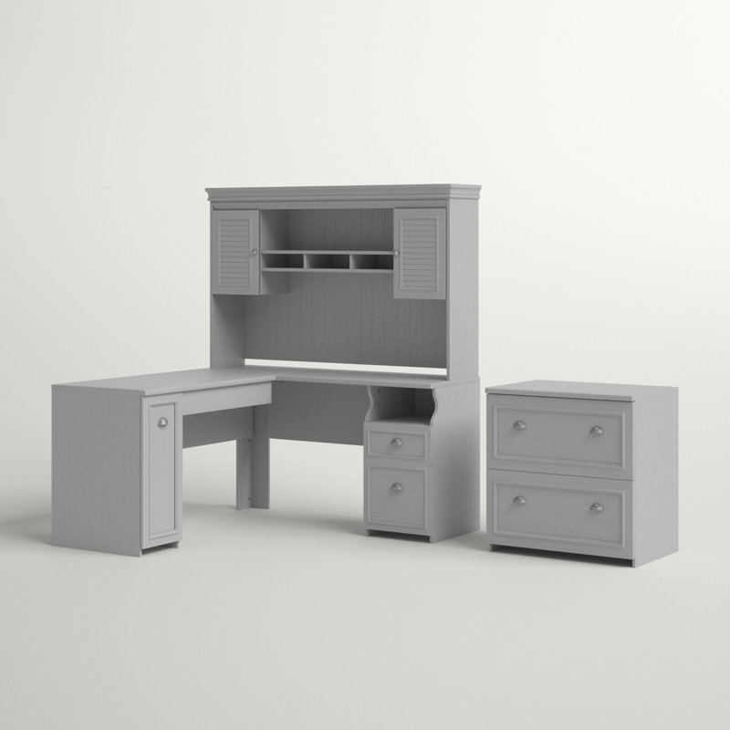 Ensemble de bureau d'ordinateur en L 3 pièces avec huche Huckins, Gris Cape Cod
