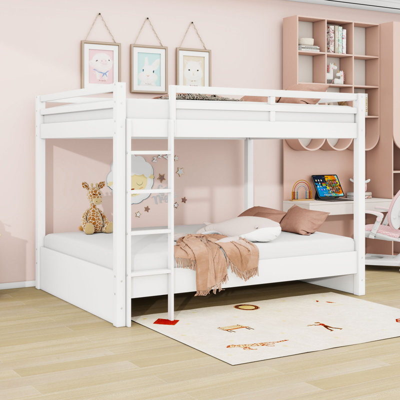 Queen Over Queen Wood Bunk Bed With Sturdy Frame And Ladder, White