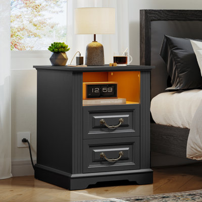 17.7"W Farmhouse Nightstand with Charging Station, Night Stand with 2 Drawers, End Tables Living Room, LED Bed Side Table with Open Shelf