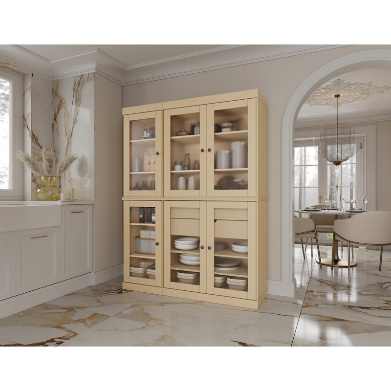 100% Solid Wood 48.5" Pantry Cabinet with Frosted Glass Doors, 2-Drawers and Adjustable Shelves, Yellow