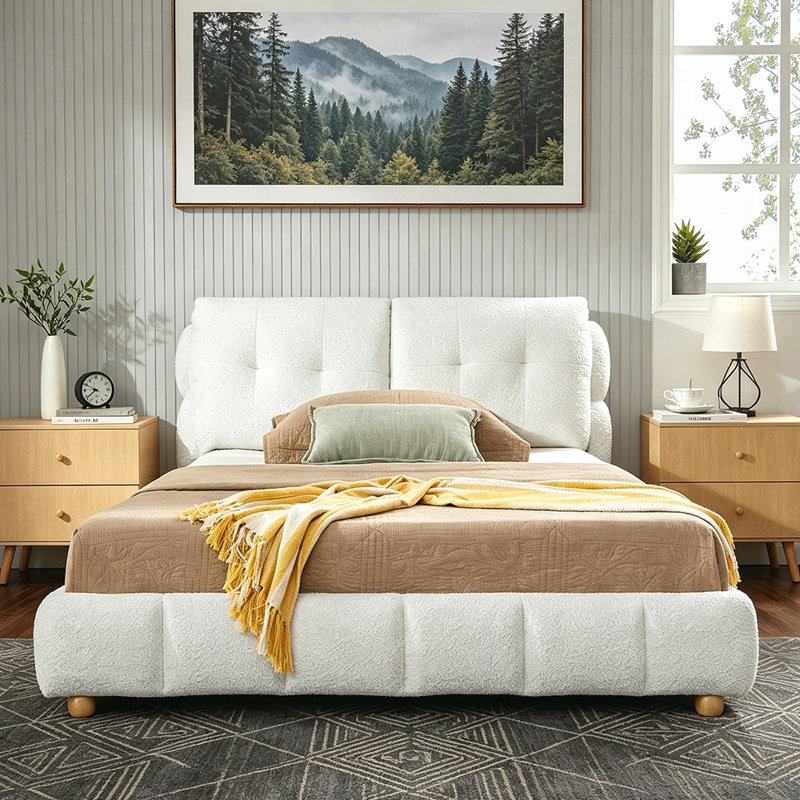 Bouclé Fabric Platform Bed, Soft Cloud-Like Upholstered Frame with Solid Wood Legs, No Box Spring Needed, Queen