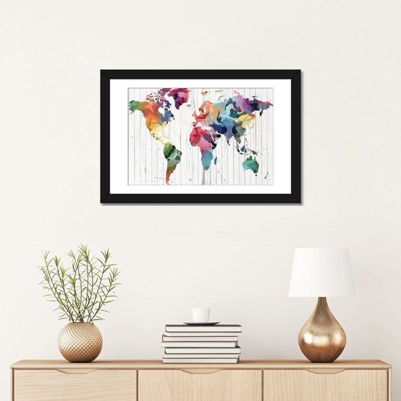 Carte du monde en aquarelle, impression sur toile tendue, H 16 po x l 24 po x P 1 po, Papier d'art encadré noir, Blanc