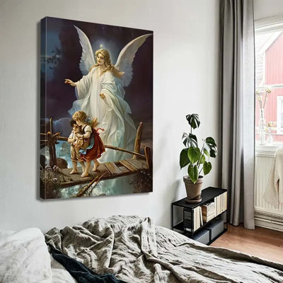 16*12 1pc Framed Religious Canvas Art, Guardian Angel Painting for Home, Inspirational Wall Decor for Bathroom, Bedroom, Office, And Living Room.