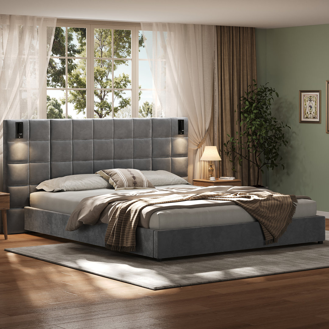 Sandris Velvet Upholstered Platform Bed with LED Reading Lamps Ivy Bronx 