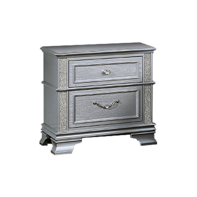 Classic 2 - Drawers Gray Bedside Nightstand With Sparkling Glitter Accents And Drop Bail Drawer Handle, Solid Wood Bedroom Decor Contemporary Finish T