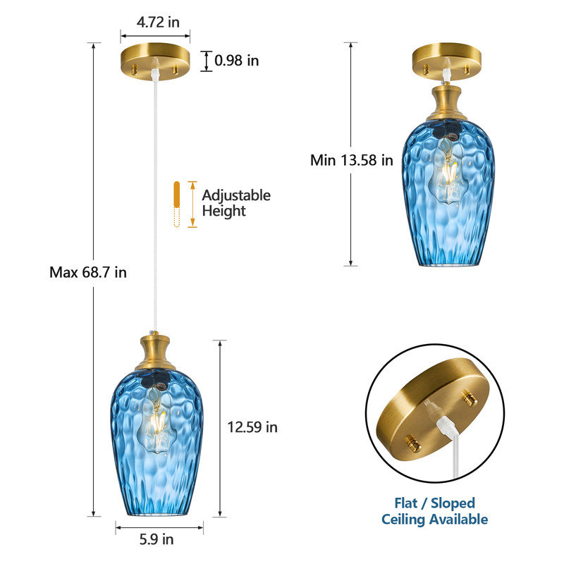 Luminaires suspendus en verre pour îlot de cuisine Luminaire suspendu en verre martelé pour îlot de cuisine au-dessus de l'évier