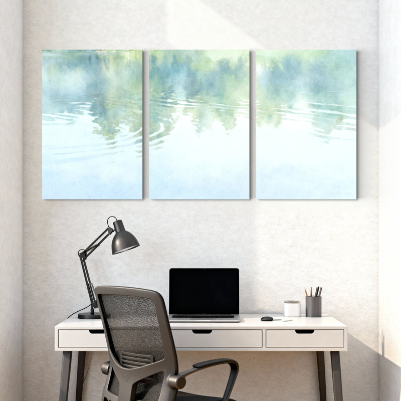 Hiver, forêt, reflet de l'eau, ciel bleu, vert, calme, ensemble serein de 3 impressions sur toile, H 30 po x l 60 po