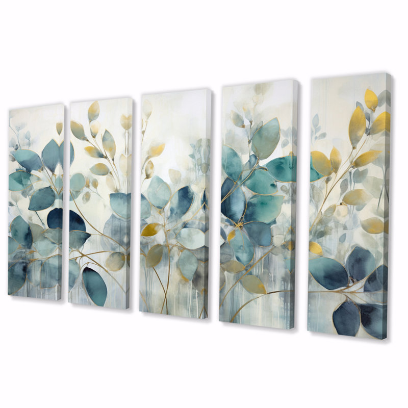 «Blue Botanical Rhythms II - Abstract Botanicals», reproduction sur toile - 5 panneaux égaux