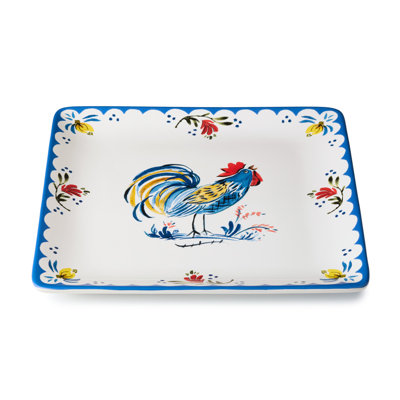 French Rooster Ceramic Square Platter 12.5 Inches, rustic farmhouse serving platter with cobalt trim and classic rooster motif, ideal for appetizers, desserts, meats, holiday dining