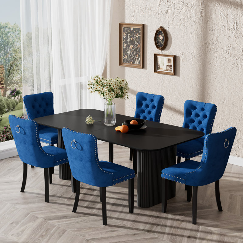 70.9 " Rectangular Double Pedestal Dining Table Set, Blue, 7