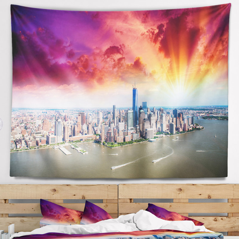 Tapisserie colorée vue aérienne de New York, H 32 po x l 39 po